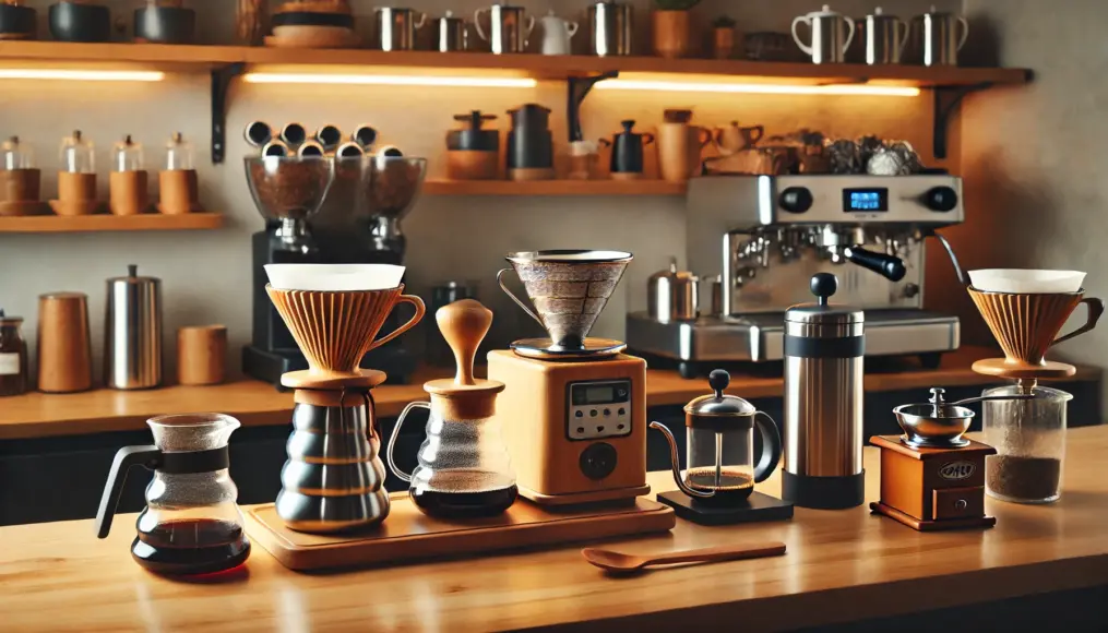 A café counter displaying various coffee brewing equipment, including pour-over drippers, a French press, and an espresso machine