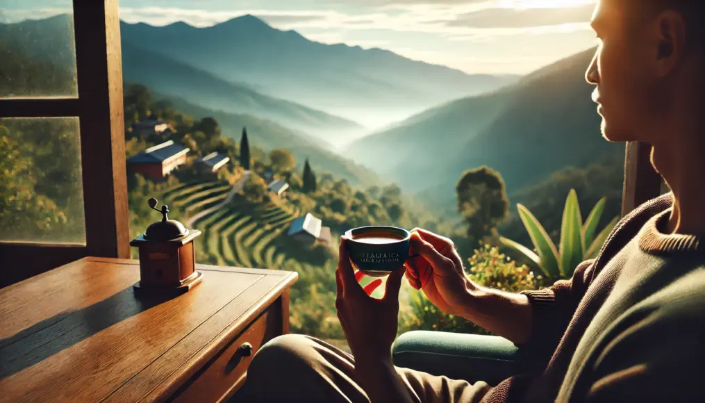 A person enjoying Jamaica Blue Mountain Coffee on a café terrace, admiring the scenic view while savoring the moment