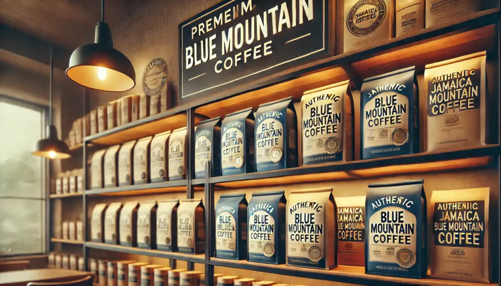 Premium café shelves displaying authentic Jamaica Blue Mountain Coffee packages, with certification marks clearly visible