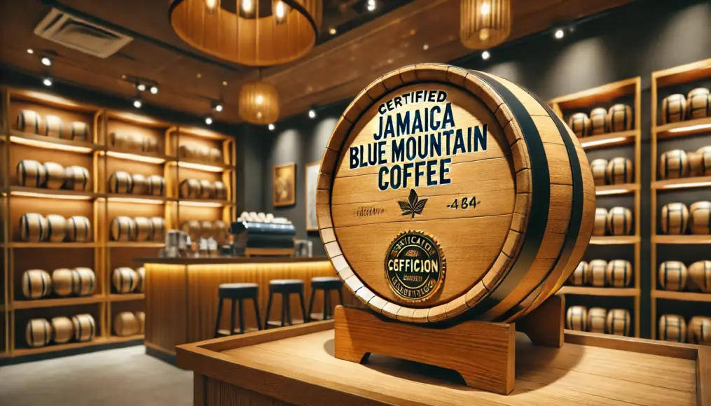 A wooden barrel of certified Jamaica Blue Mountain Coffee, prominently displaying the official certification mark