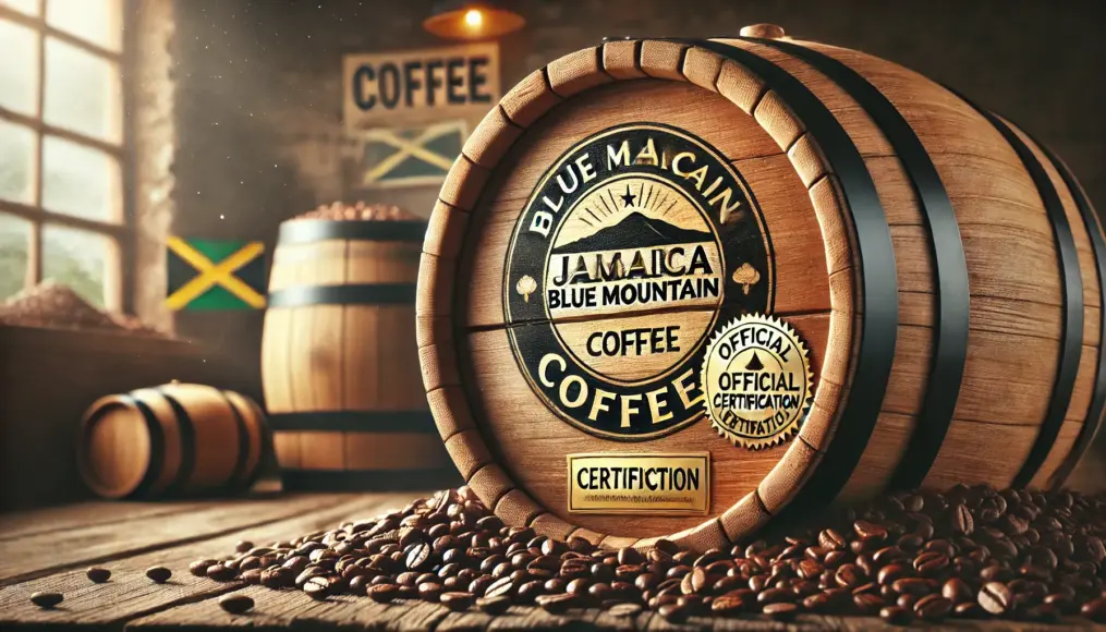 A wooden barrel of Jamaica Blue Mountain Coffee with an official certification label and engraved brand logo, proving its authenticity