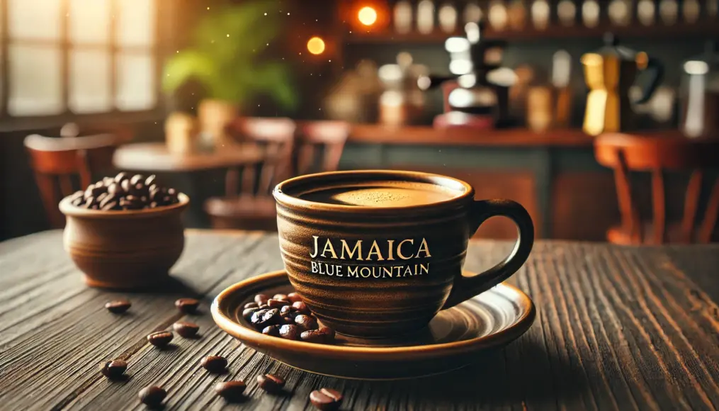 A cup of freshly brewed Jamaica Blue Mountain coffee placed on a wooden table, surrounded by coffee beans. The warm ambiance of a café enhances the coffee’s aroma