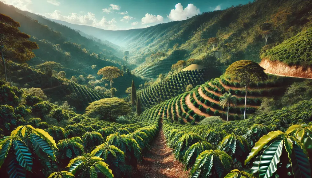 A lush coffee plantation in the Blue Mountains, with rows of coffee plants growing along the slopes