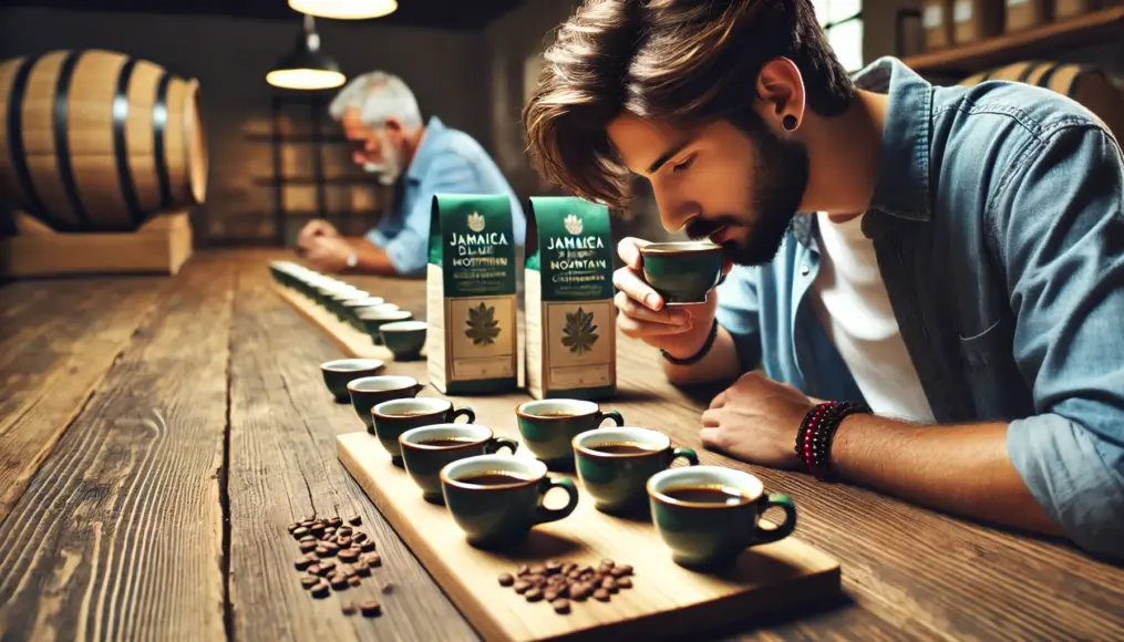 A professional coffee taster evaluating Jamaica Blue Mountain Coffee during a cupping session, inhaling its aroma