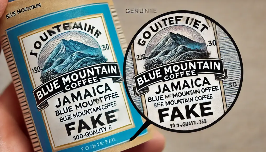 A zoomed-in comparison of a counterfeit and genuine Jamaica Blue Mountain Coffee label, showing differences in fonts and print quality