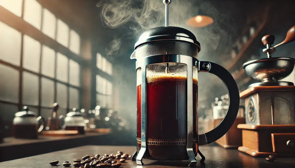 A French press filled with brewing coffee, with steam rising as it slowly extracts the coffee’s deep flavors