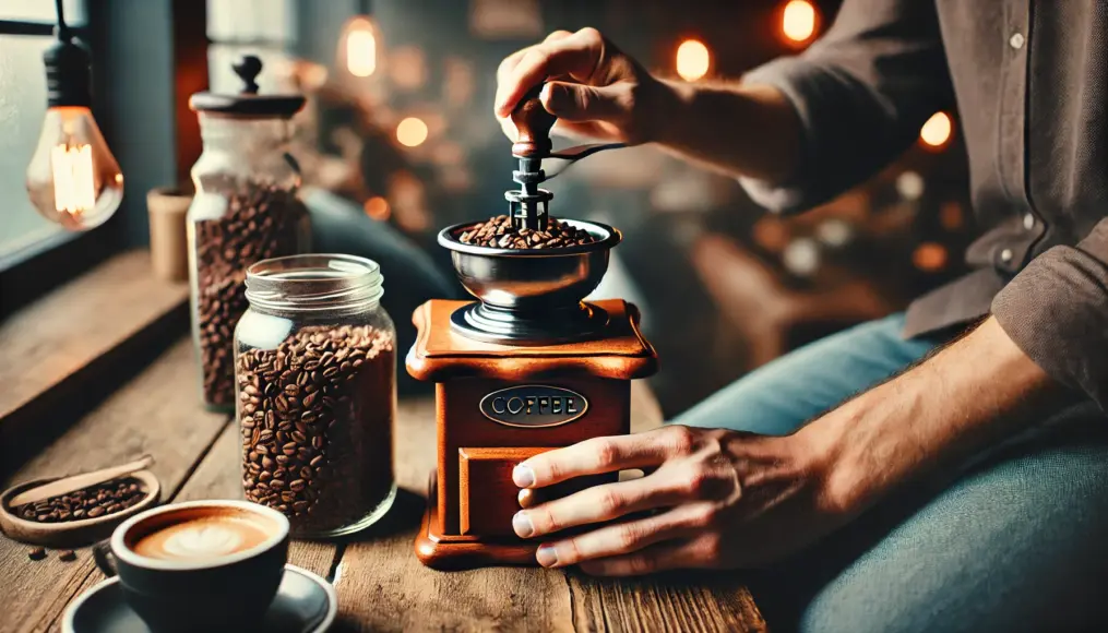 A person using a coffee grinder to adjust the grind size, ensuring the beans are ground to the perfect consistency