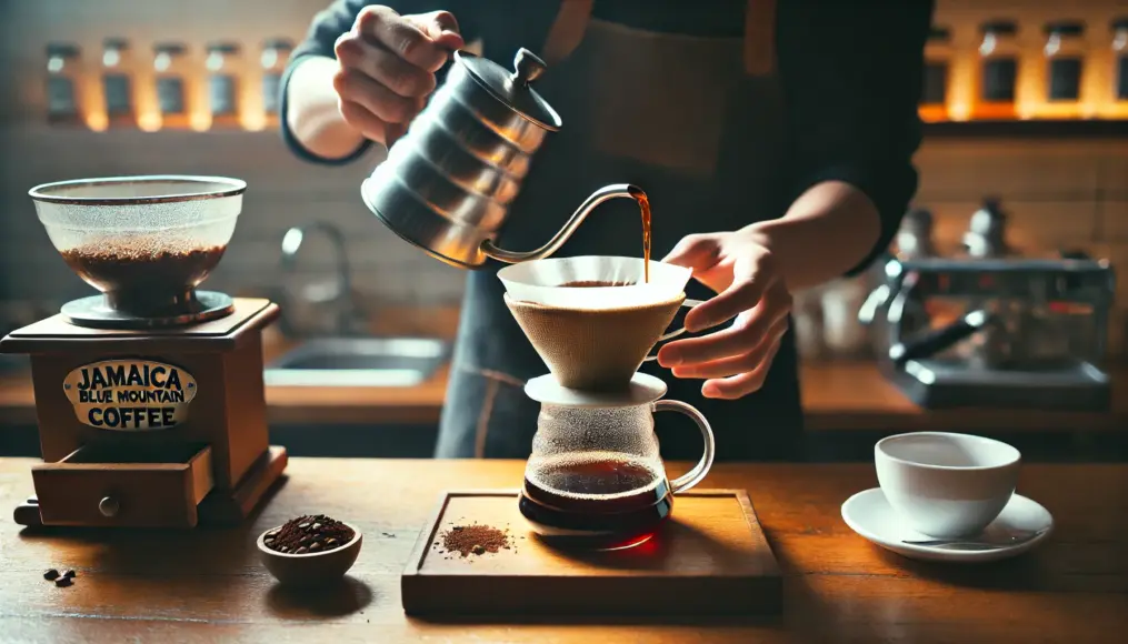 Jamaica Blue Mountain Coffee being slowly brewed using a pour-over method on a wooden counter. The rich aroma fills the café atmosphere