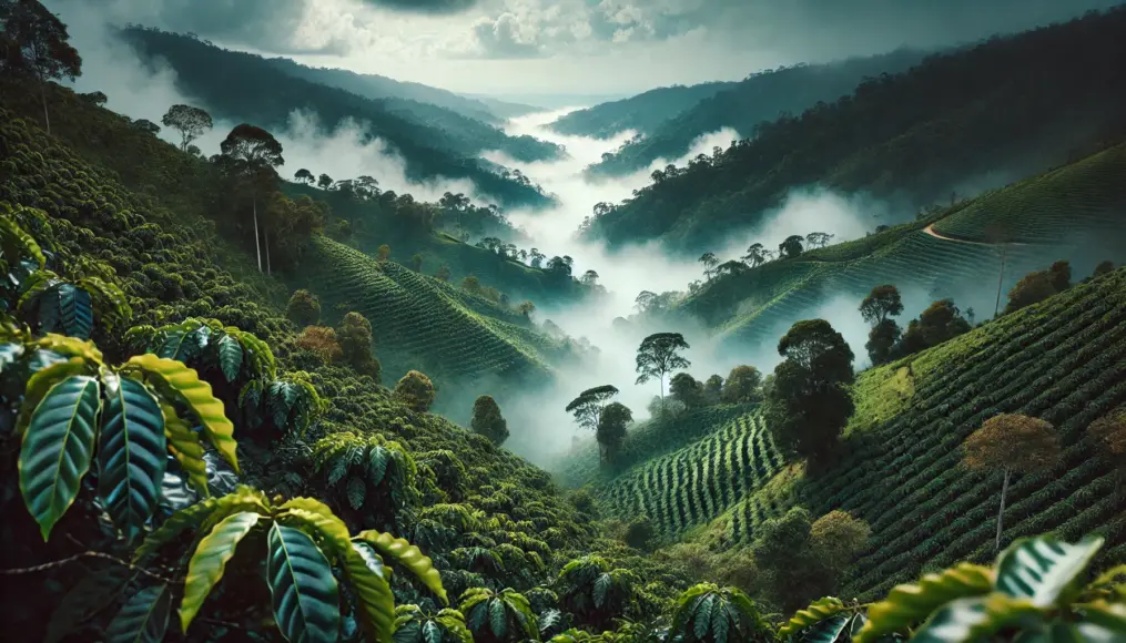 A high-altitude coffee farm in Jamaica’s Blue Mountains, covered in mist, showcasing the perfect conditions for growing premium coffee