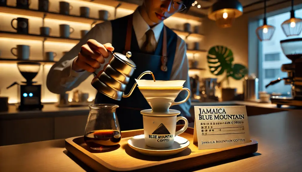 A high-end café in Japan serving Jamaica Blue Mountain Coffee, with a sophisticated atmosphere and carefully brewed coffee