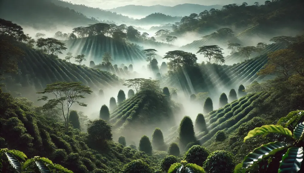 A mist-covered coffee farm in the highlands of the Blue Mountains, creating a dreamlike atmosphere