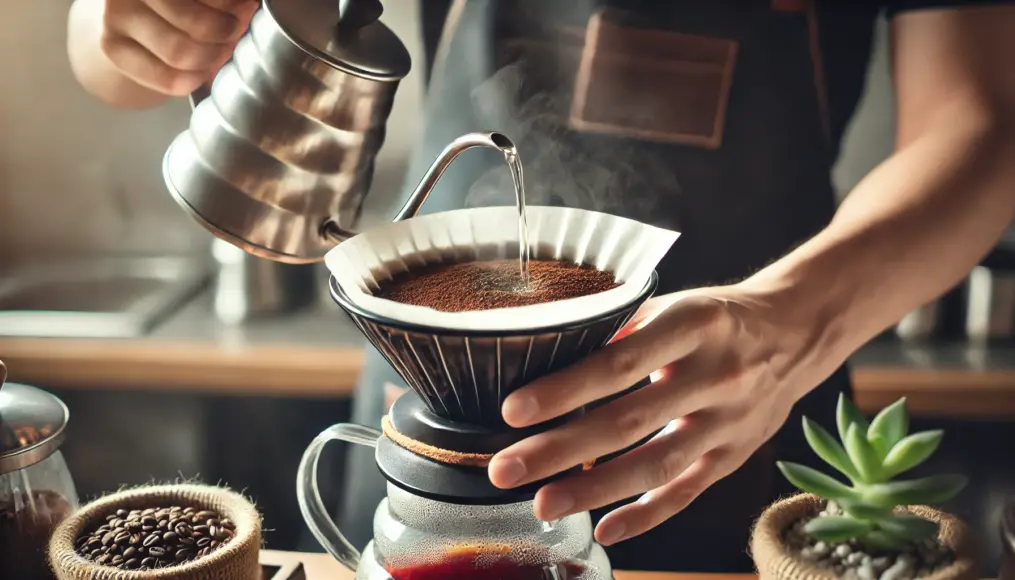 A barista carefully pouring hot water over freshly ground coffee in a pour-over dripper, ensuring an even extraction