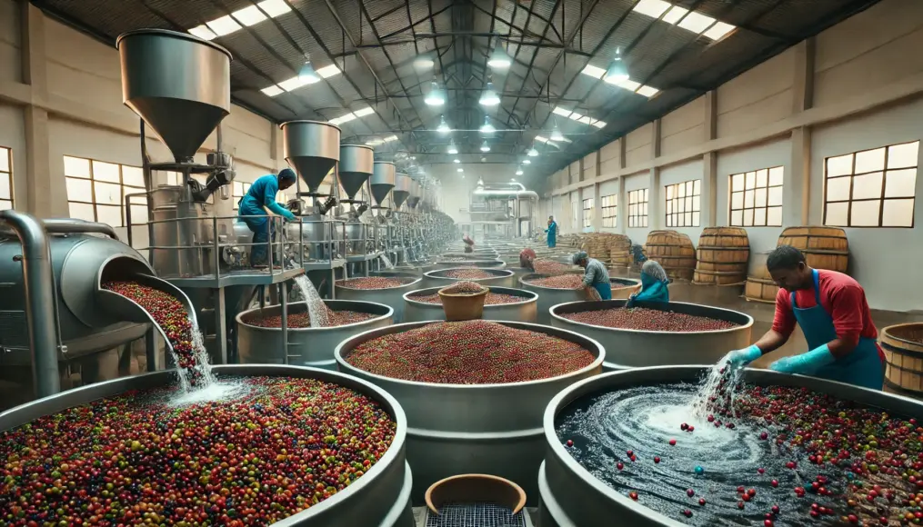 A coffee processing facility using the washed method, where coffee cherries are floating in water for selection and sorting