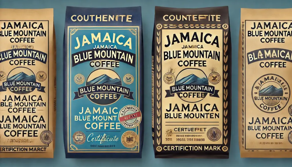 A side-by-side comparison of authentic and counterfeit Jamaica Blue Mountain Coffee packaging, highlighting subtle differences