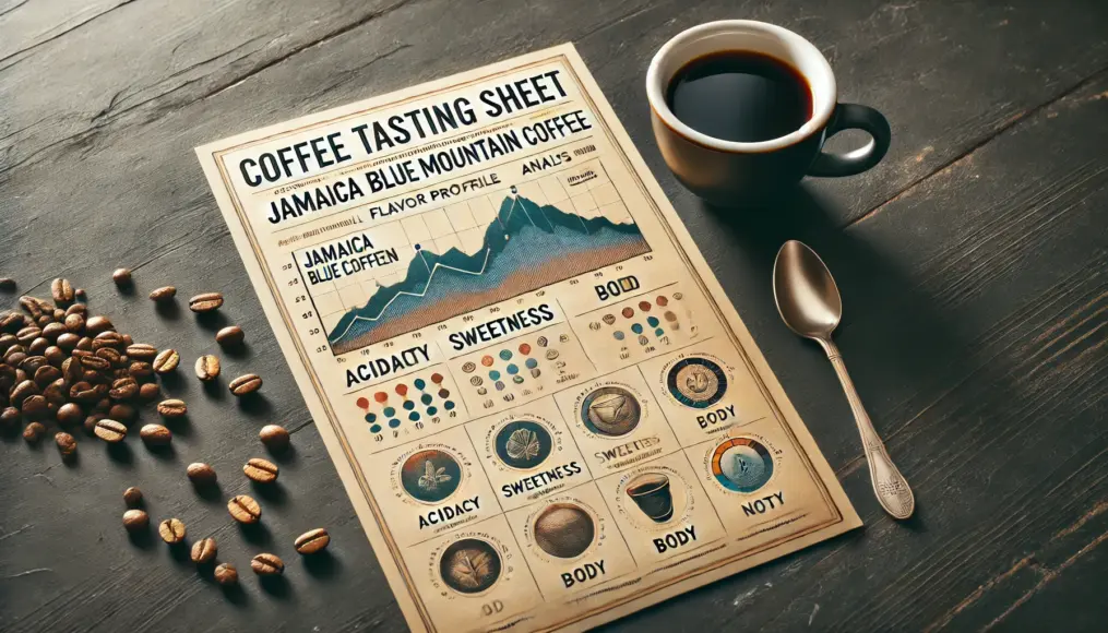 A tasting sheet displaying the balance of acidity, sweetness, and body in Jamaica Blue Mountain Coffee, represented with a flavor graph