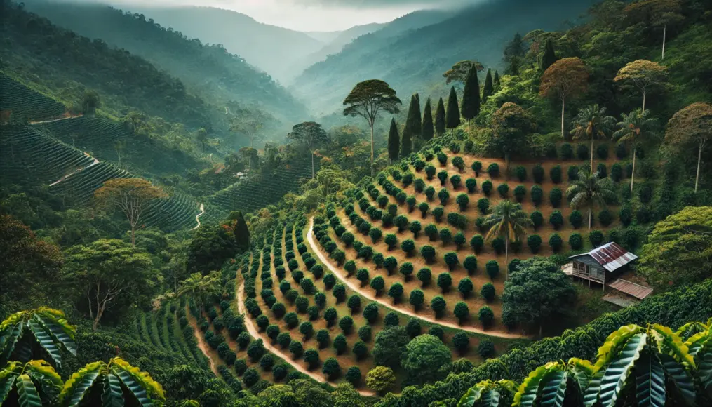 A terraced coffee farm in Jamaica’s Blue Mountains, where coffee trees thrive on the slopes, surrounded by lush greenery