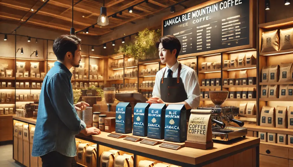 A high-end coffee specialty store displaying Jamaica Blue Mountain Coffee packages on the counter, with a knowledgeable staff member providing detailed explanations