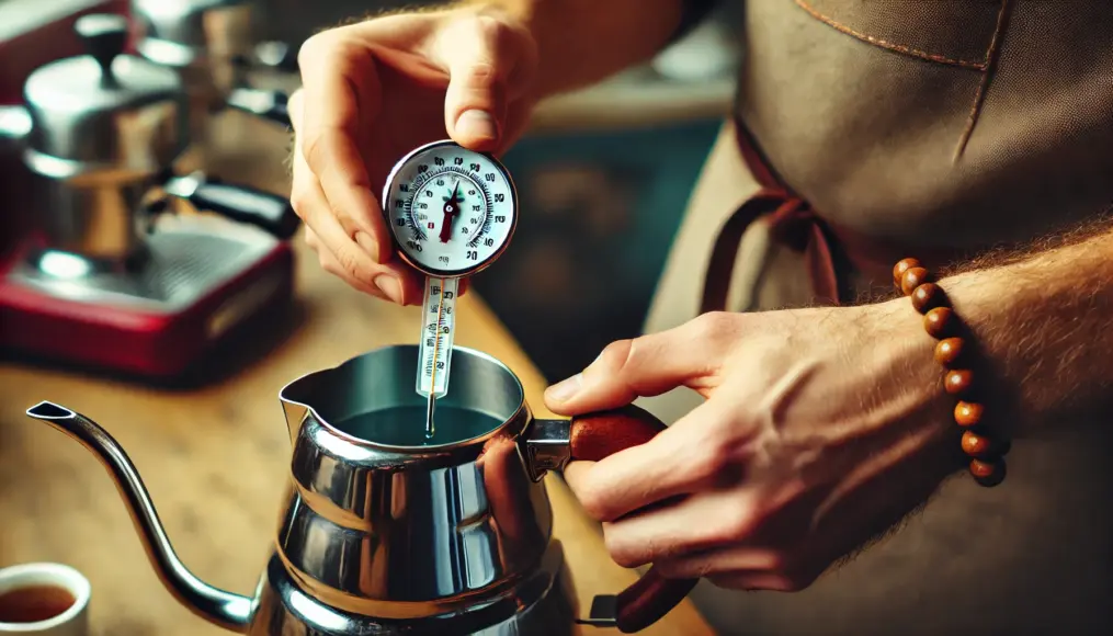 A barista carefully measuring water temperature with a thermometer before brewing coffee, ensuring precise extraction