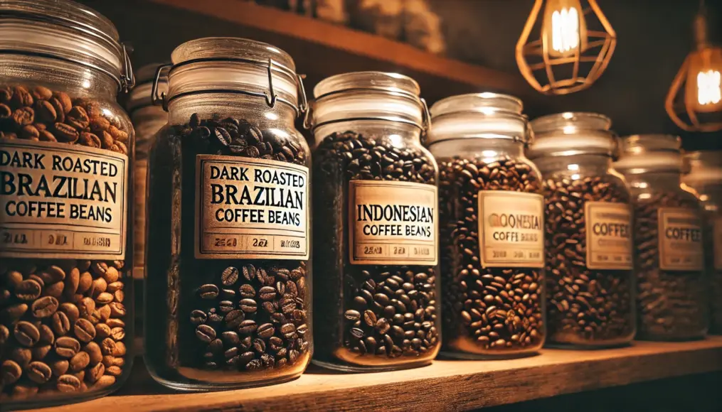 A shelf displaying deeply roasted Brazilian and Indonesian coffee beans