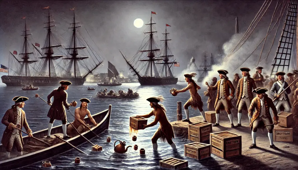 A nighttime scene at Boston Harbor, where disguised colonists throw tea crates into the sea