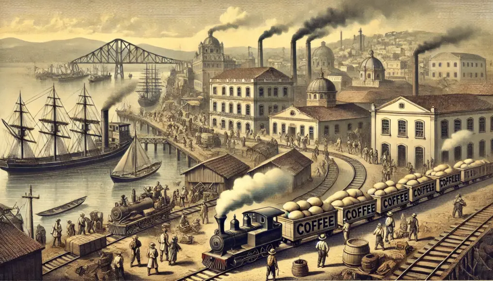 A late 19th-century view of a Brazilian port city. Railways and ports are expanding as workers transport coffee sacks.