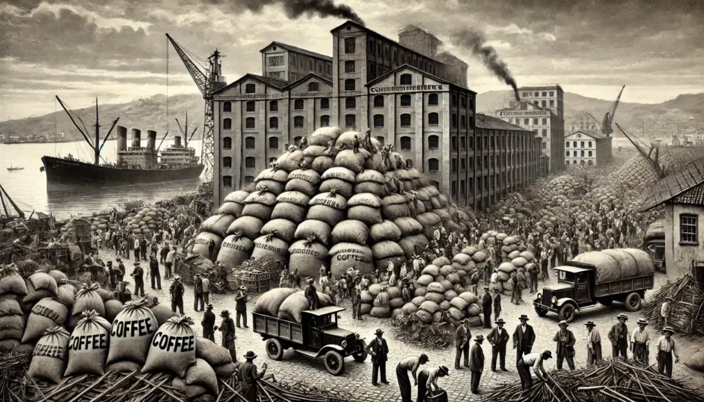 A Brazilian port during the 1929 Great Depression. In front of warehouses, mountains of coffee sacks are being discarded under government orders. Workers with somber expressions carry sacks to burning pits, while some bags are thrown into the sea. In the background, commercial buildings sit idle as citizens protest economic instability.