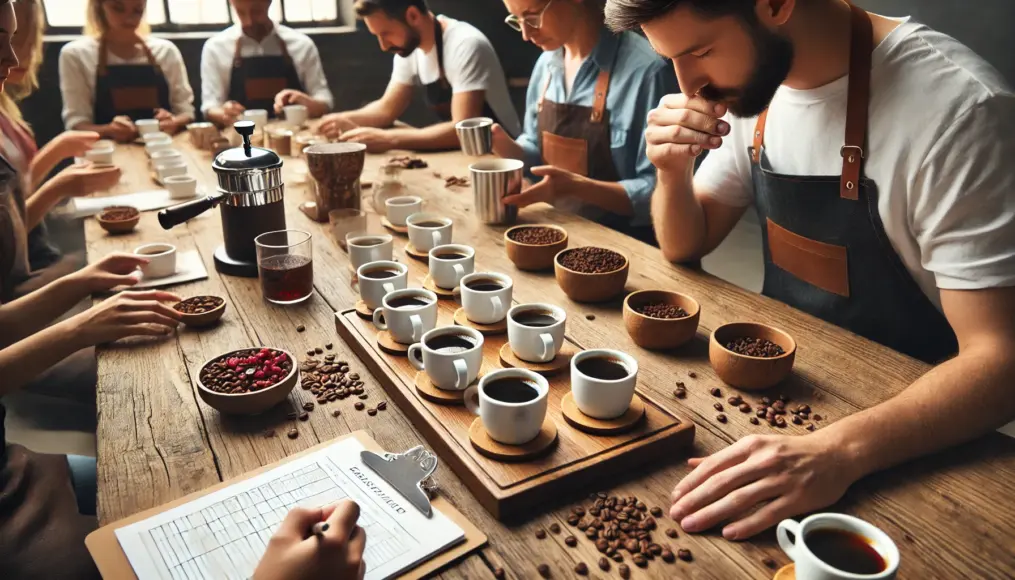 Coffee cupping session evaluating the flavor of Brazilian coffee