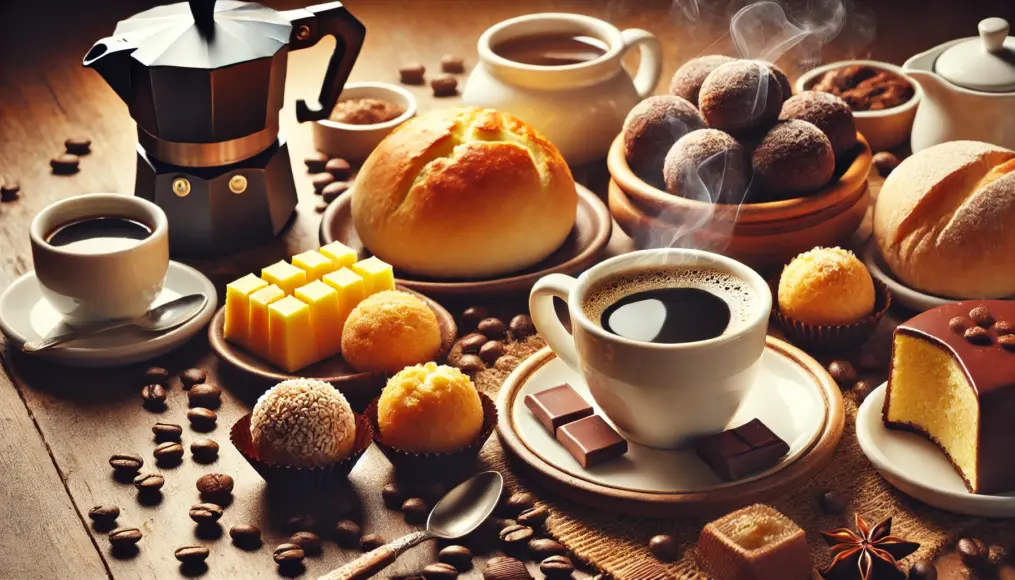 A table filled with traditional Brazilian desserts paired with coffee