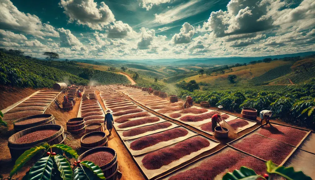 Coffee beans drying under the sun at a Brazilian coffee farm