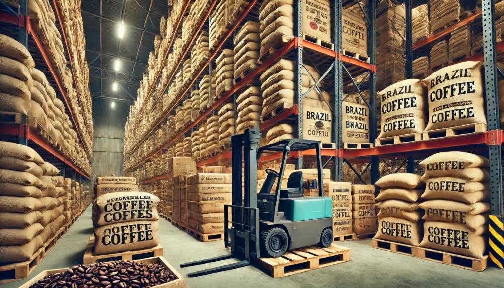 Warehouse filled with Brazilian coffee beans ready for export