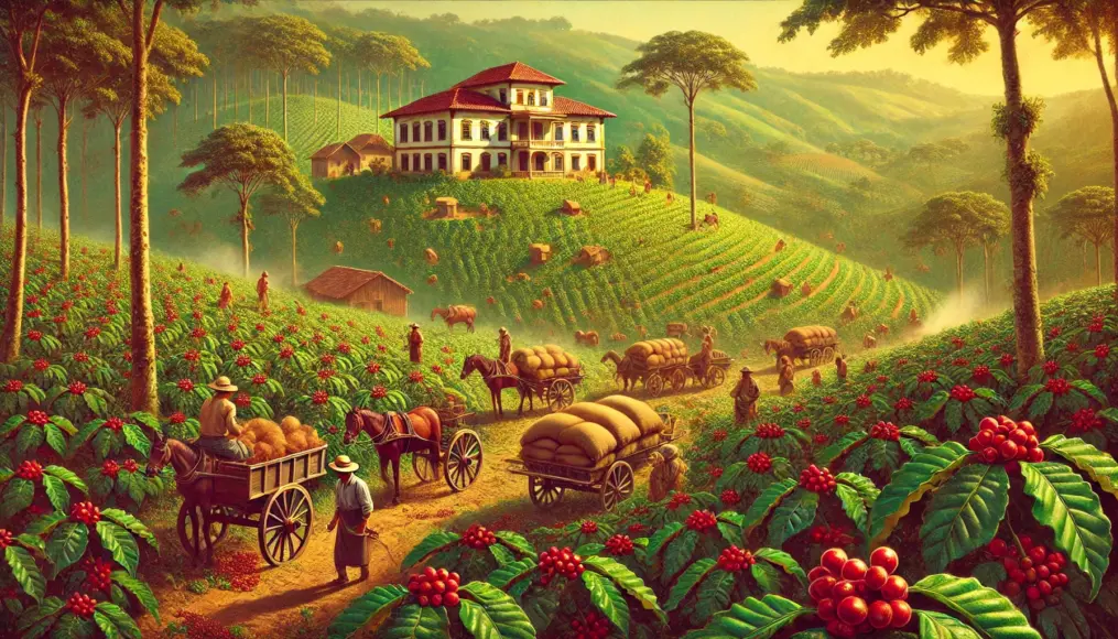 A 19th-century Brazilian coffee plantation. Vast rolling hills are covered with countless coffee trees bearing ripe red cherries. During harvest season, numerous workers manually pick the cherries, while nearby, carts loaded with burlap sacks of coffee are prepared for transport. In the background, a plantation owner's mansion stands, symbolizing the prosperity of the coffee industry.