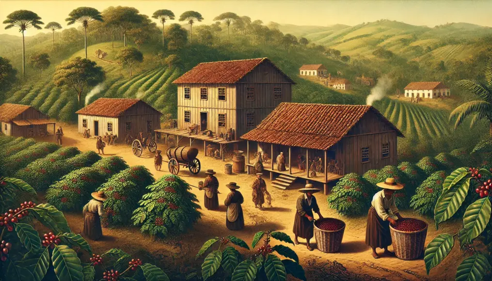 A coffee plantation in Brazil during the 18th century, with workers harvesting coffee on a vast estate