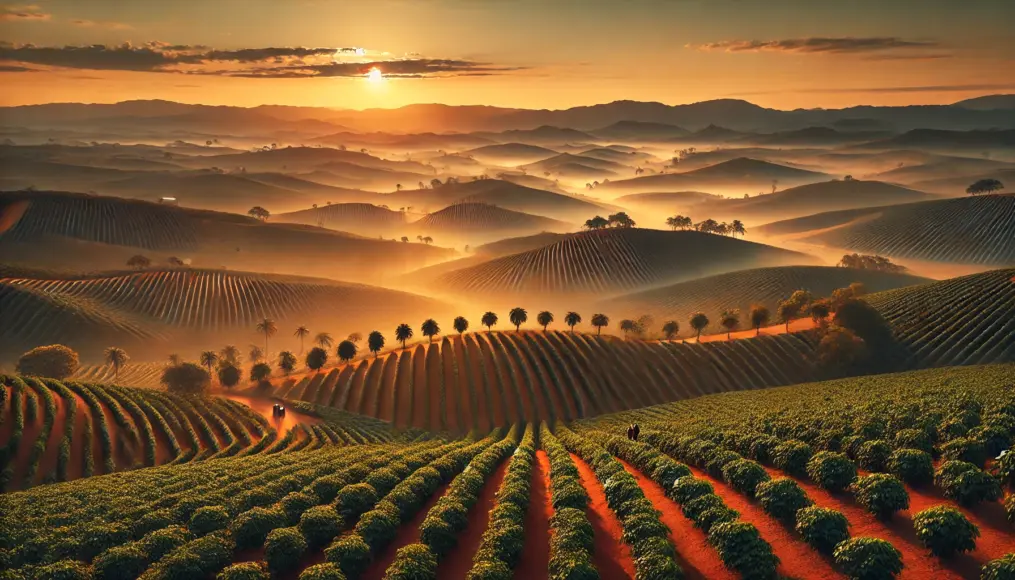 A vast Brazilian coffee plantation bathed in the morning sun. Rolling hills covered with neatly arranged rows of coffee trees stretch into the distance, with misty mountains in the background. The golden sky casts a warm glow over the fertile land, capturing the essence of Brazil's coffee heritage.