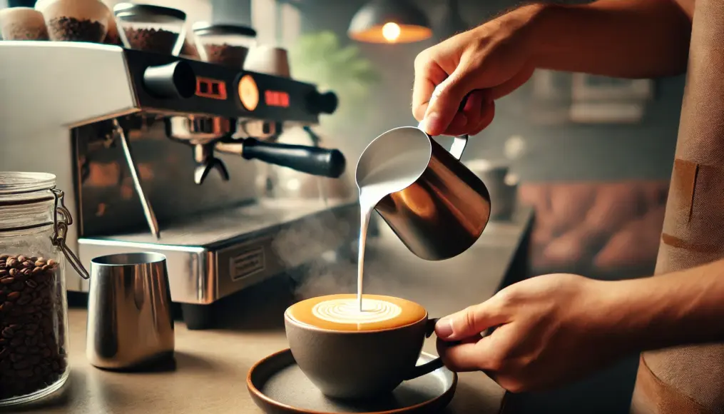 Steamed milk being poured into a cup of Brazilian café latte