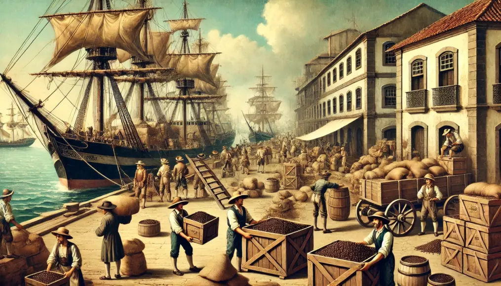 A coffee shipment scene at a Brazilian port in the 18th century, where merchants are loading wooden crates filled with coffee beans