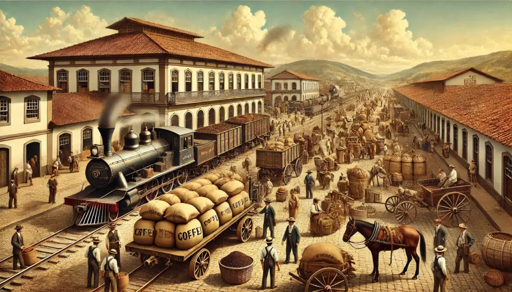 A 19th-century Brazilian railway station. A steam locomotive is stopped at the platform as workers load countless burlap sacks of coffee onto freight cars. Horse-drawn carts deliver additional sacks, while traders and merchants engage in negotiations. In the background, the station building and a bustling marketplace reflect the thriving coffee export economy.