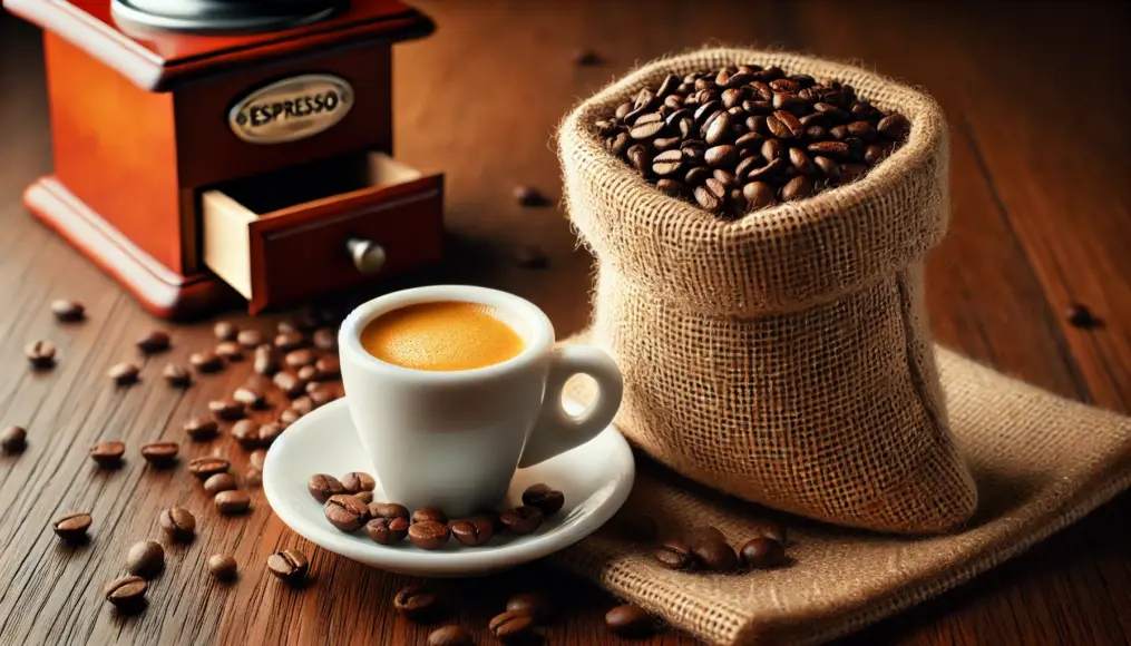 A bag of Brazilian coffee beans next to an espresso cup with rich crema.