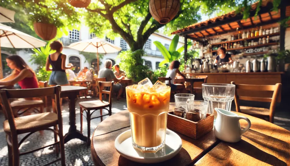 A café terrace in Brazil with glasses of iced coffee