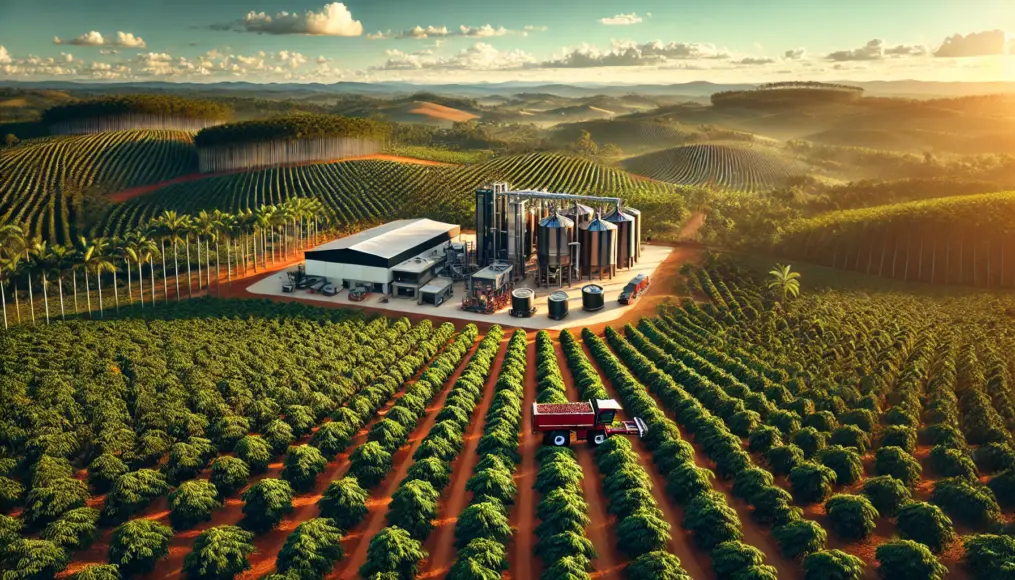 A modern Brazilian coffee plantation. The vast farmland is lined with neatly arranged coffee trees, while automated machinery efficiently harvests the cherries. In the center of the plantation, state-of-the-art processing facilities are visible, surrounded by forests planted for environmental conservation.