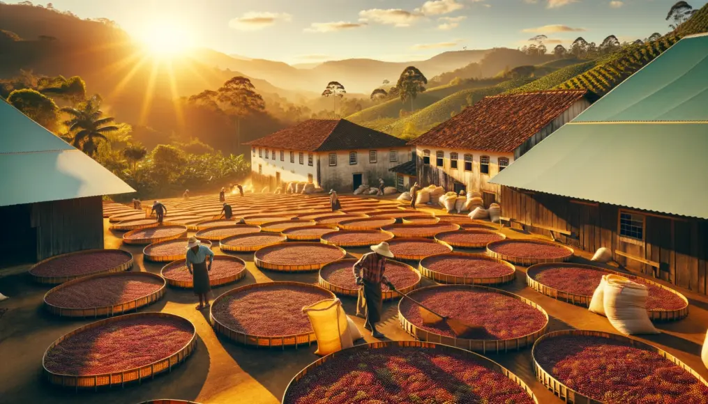 Brazilian coffee cherries drying in the sun during natural processing