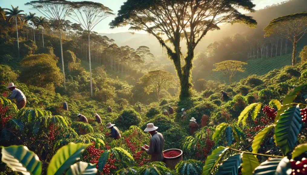 An organic coffee farm. Coffee trees thrive under the shade of lush, tall trees, while farmers carefully hand-pick ripe cherries. In the background, a well-preserved natural forest demonstrates the importance of sustainable agriculture.