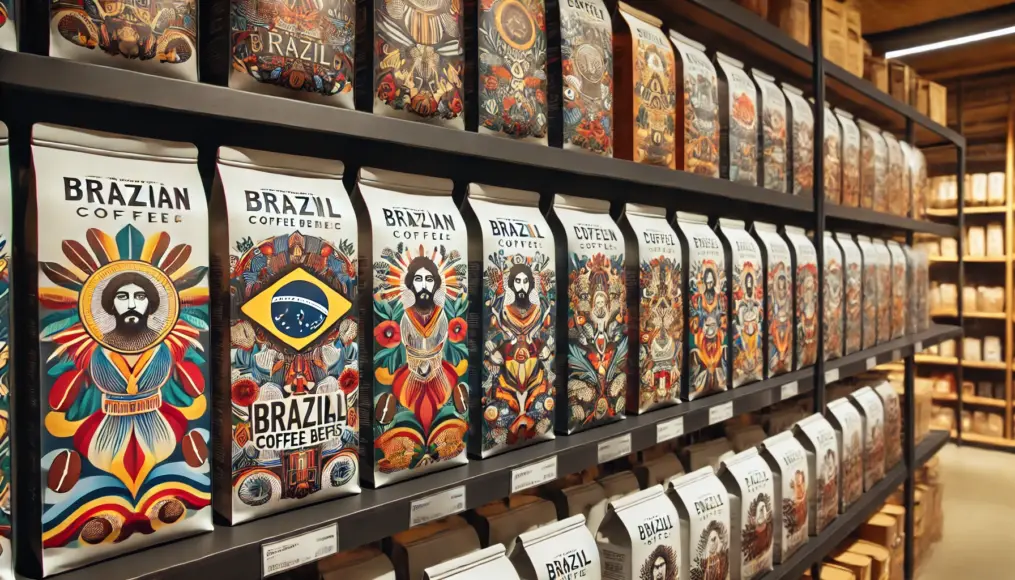 Shelves showcasing packages of Brazilian coffee beans