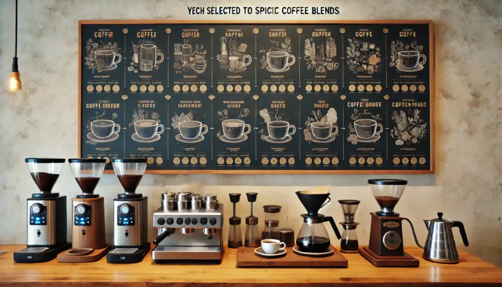 A coffee shop counter displaying various coffee brewing methods used for different blends.