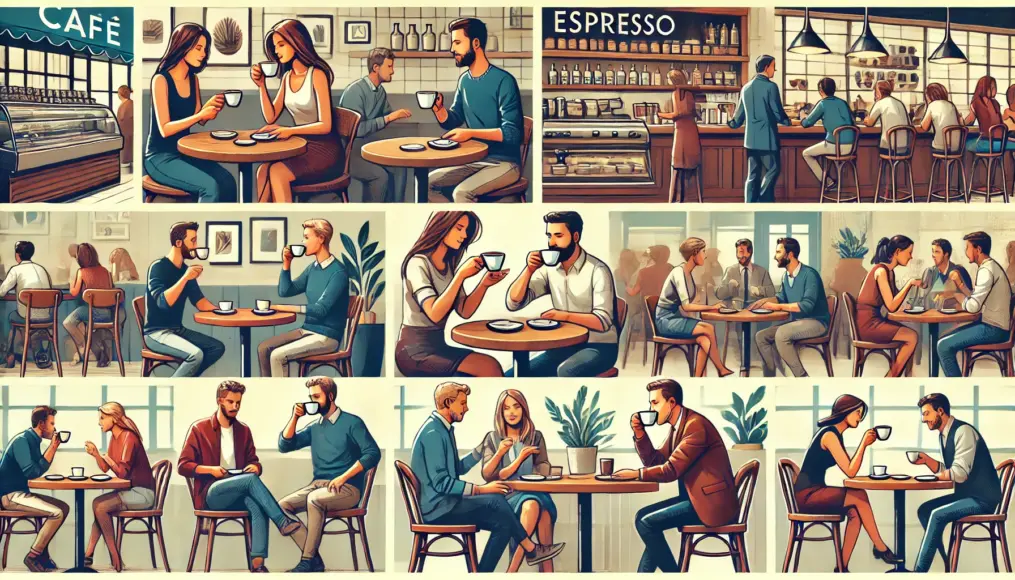 Scenes of people enjoying espresso at cafés. Groups chat around tables, while individuals sip espresso at the counter.