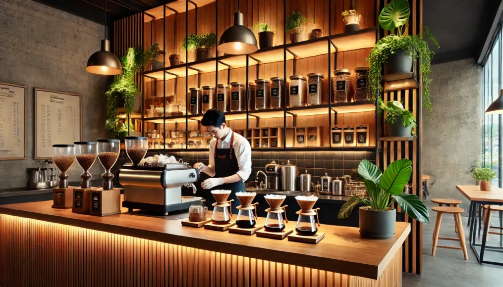 A stylish café counter. A barista is preparing coffee using hand-drip methods, while shelves behind the counter display coffee beans from various countries. The interior features wooden accents and lush greenery, creating a sophisticated atmosphere.