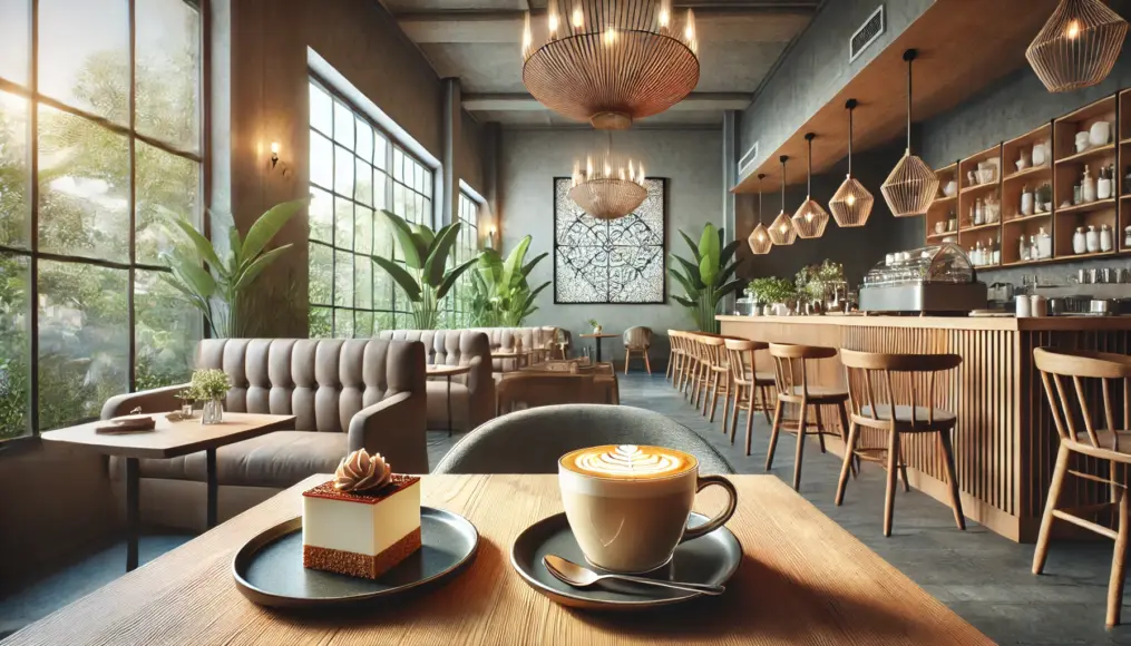 A modern café interior designed for social media appeal. Large windows allow natural light to fill the space, with indoor plants and wooden furniture creating a cozy ambiance. A cappuccino with intricate latte art and a beautifully arranged dessert are set on a table.