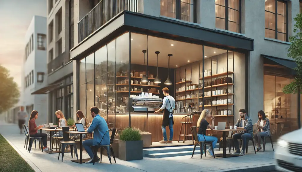 A modern café exterior. A glass-walled building with terrace seating, where people are working on laptops. Inside, a barista is making coffee, and a variety of coffee beans are displayed on the counter.