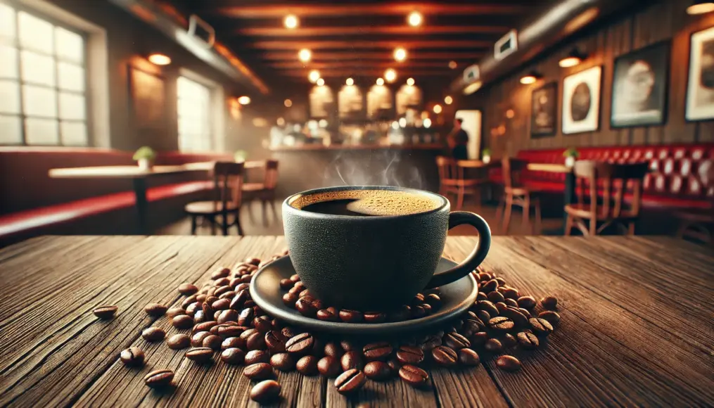 Coffee beans with high caffeine content and a cup