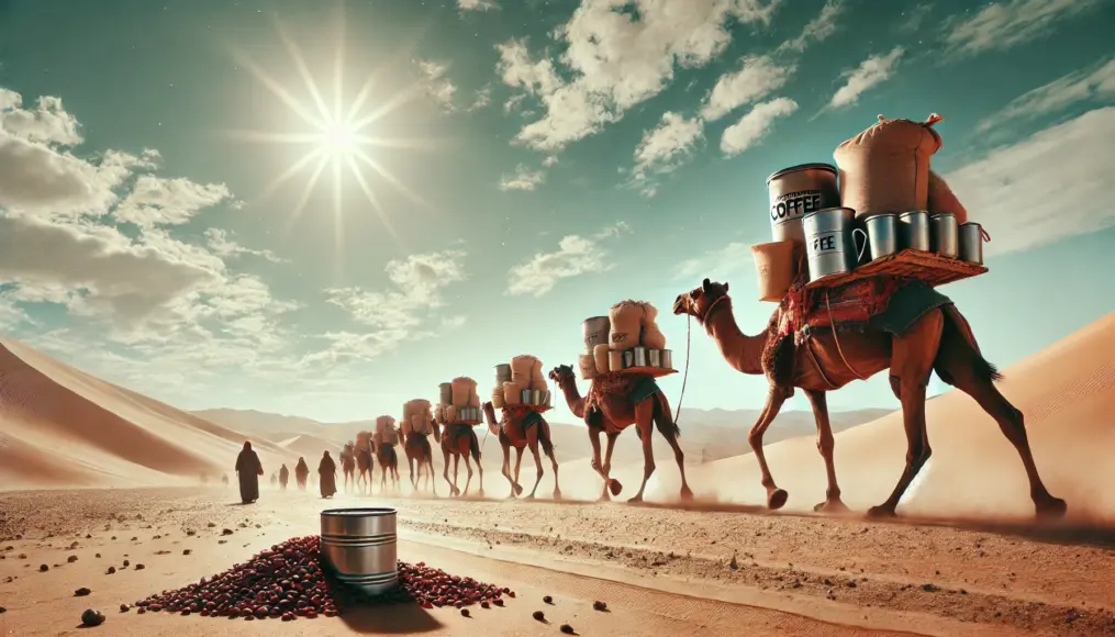 A caravan crossing arid landscapes, loaded with coffee beans. Camels are seen carrying goods under the harsh sun.