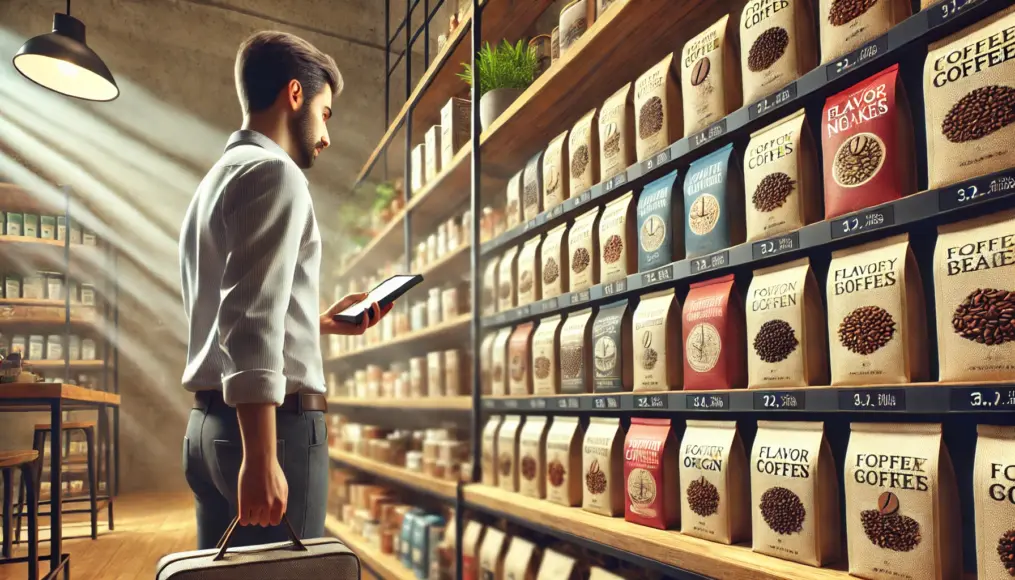 A consumer examining specialty coffee packages, reading flavor notes and origin information. Brightly lit shelves showcasing a variety of coffee beans are realistically depicted.